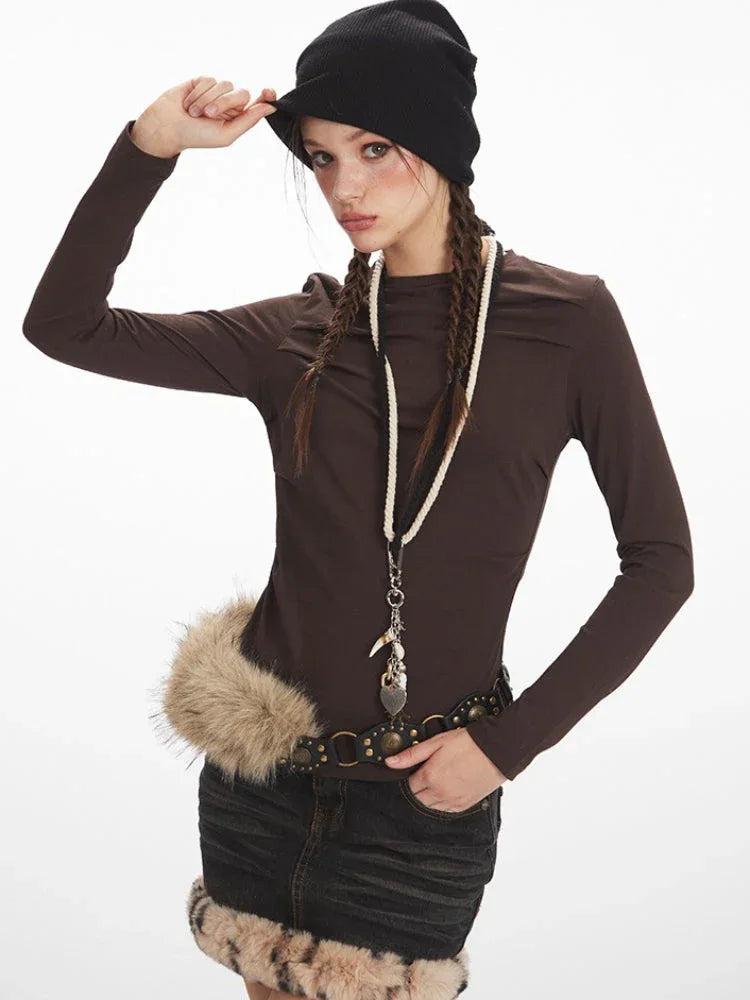 Y2K Mocha Ruched Slim Fit Long Sleeve Top - TEVQA