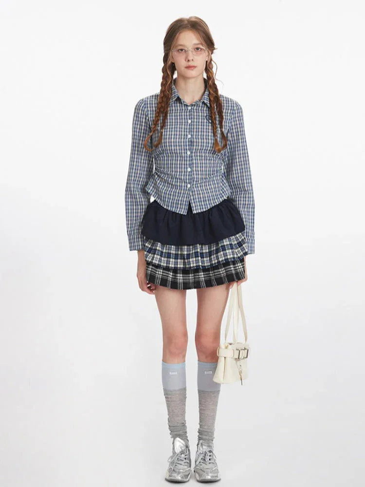 Vintage Blue Plaid Ruched Shirt - TEVQA