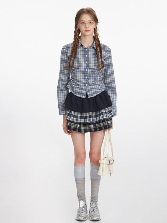 Vintage Blue Plaid Ruched Shirt