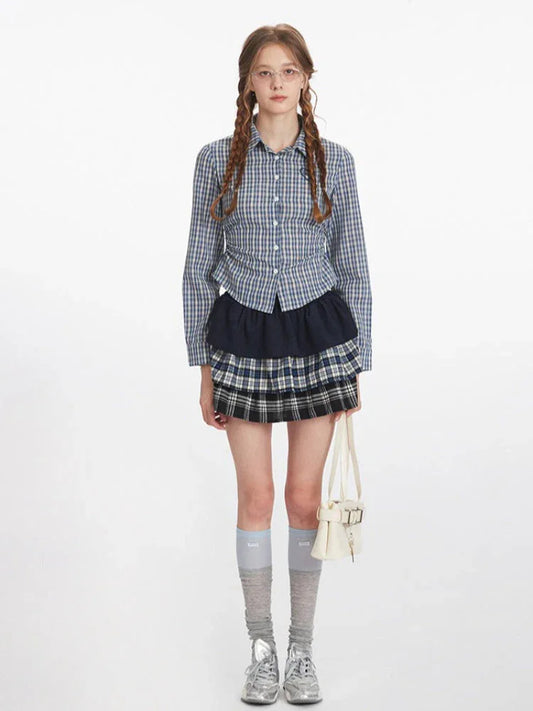 Vintage Blue Plaid Ruched Shirt - TEVQA