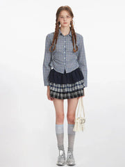 Vintage Blue Plaid Ruched Shirt - TEVQA