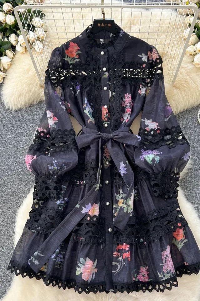 Floral print mini dress with lace panels and puff sleeves - View 8 | TEVQA