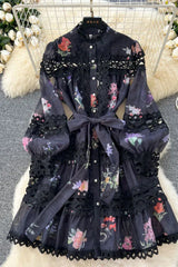 Floral print mini dress with lace panels and puff sleeves - View 8 | TEVQA
