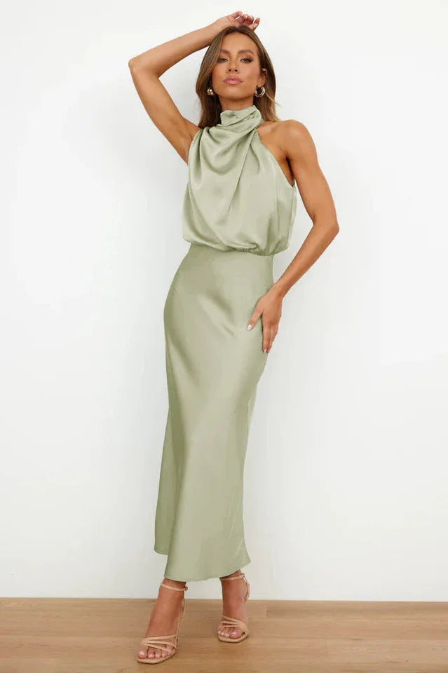 Satin Halter Neck Midi Dress - View 13 | TEVQA