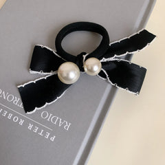 Preppy Pearl Bow Hair Tie with Contrast Stitch (4.5 Inch)