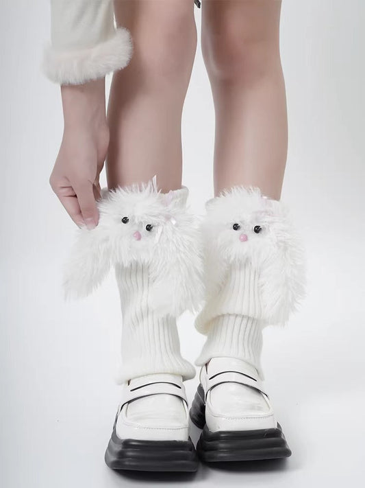 White Ribbed Knit Leg Warmers with 3D Plush Bunny