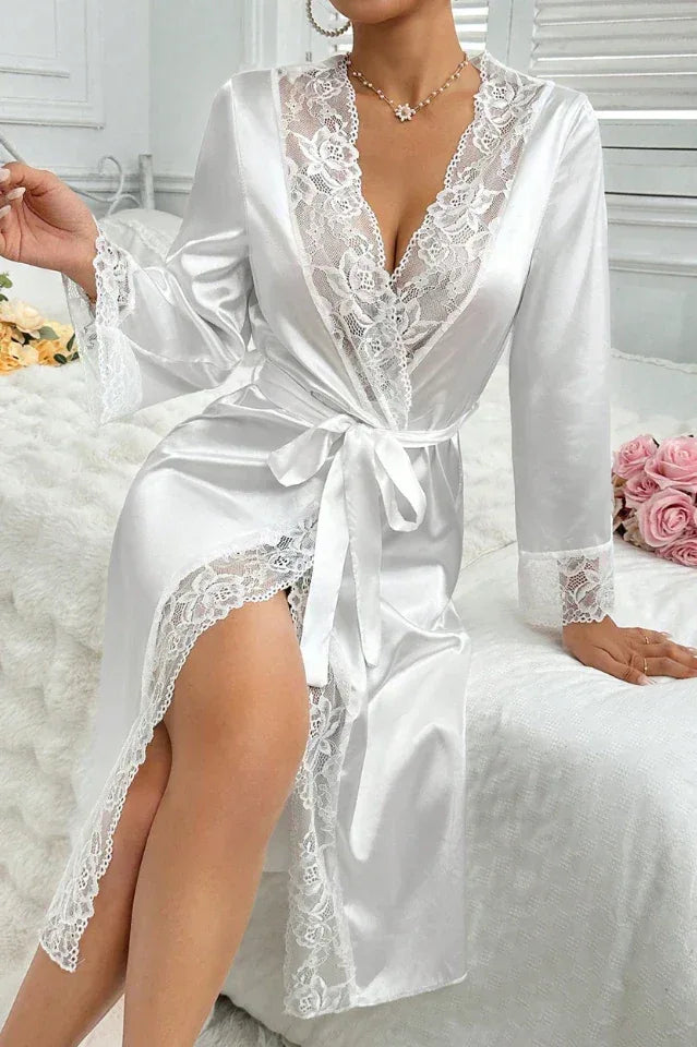 White Satin Robe with Wide Floral Lace Trim, Long Sleeve Midi Kimono - Bridal & Loungewear - TEVQA