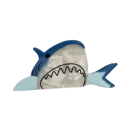 A single blue and white shark hair clip