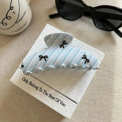 Medium Acetate Hair Claw Clip with Blue Stripe and Bow Print - View 8 | TEVQA