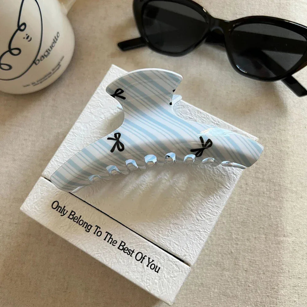 Medium Acetate Hair Claw Clip with Blue Stripe and Bow Print - View 7 | TEVQA