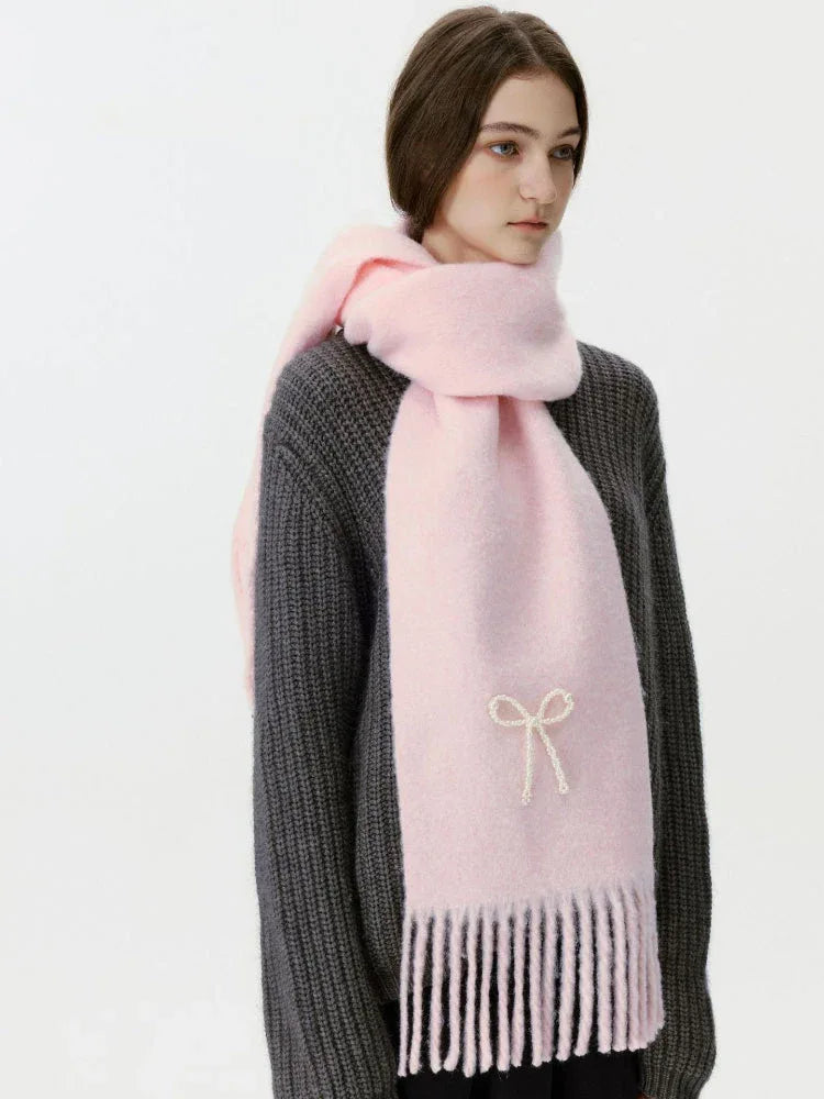 Wool Blend Pearl Bow Scarf - TEVQA