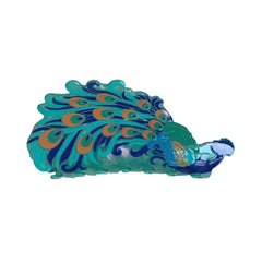 A translucent blue and green peacock hair claw clip with orange accents, displayed against a white background.