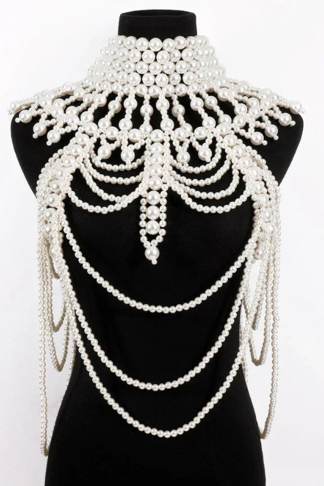Megan Pearl Body Chain Bra - Statement Shoulder Bib Necklace & Bridal Cape Jewelry - TEVQA