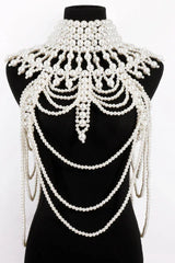 Megan Pearl Body Chain Bra - Statement Shoulder Bib Necklace & Bridal Cape Jewelry - TEVQA