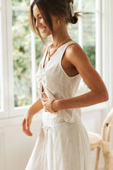 Linen blend wide leg set with V-neck top and side slit trousers - View 7 | TEVQA