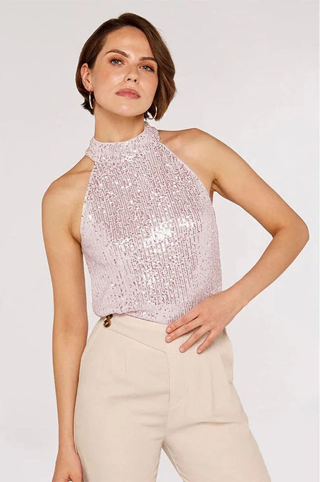 Apricot Champagne Sequin Halter Neck Top | Elegant High Neck Sleeveless Blouse - TEVQA