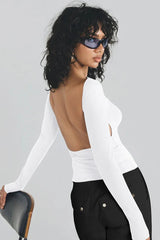 Ribbed knit long sleeve top with open back - View 8 | TEVQA