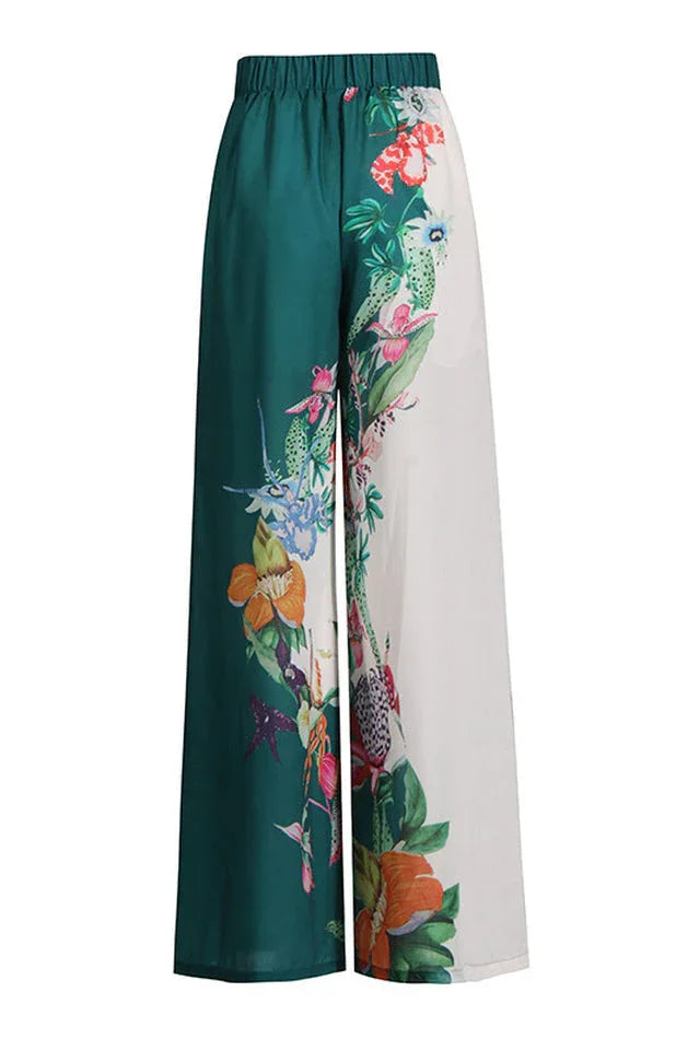 Green floral shirt and wide leg pant set - View 7 | TEVQA