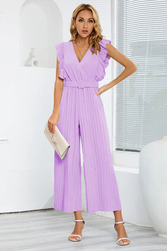 V-Neck Pleats Belted Jumpsuit - TEVQA