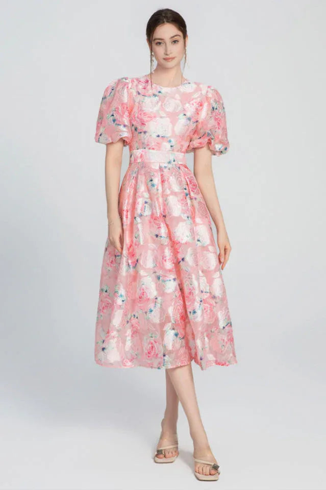 Floral Puff Sleeve Midi Dress - View 6 | TEVQA
