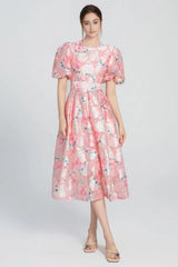 Floral Puff Sleeve Midi Dress - View 6 | TEVQA