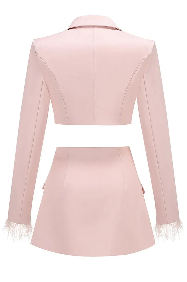 Pink cropped blazer and asymmetrical skirt with feather trim laid flat, back view