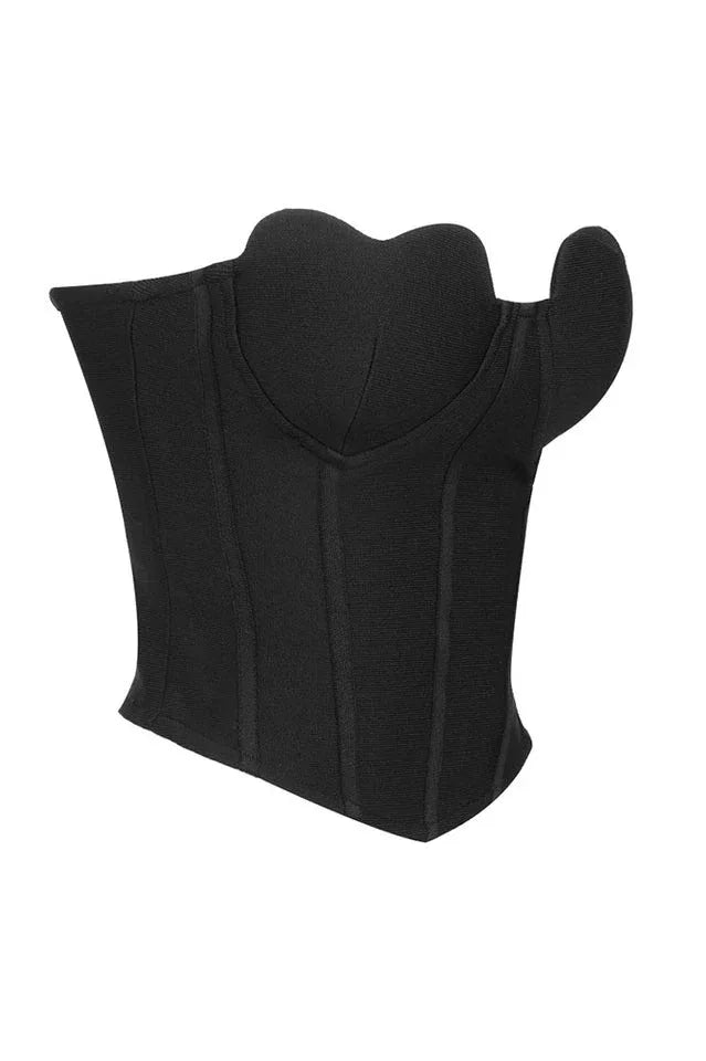 Black structured corset top with a scalloped sweetheart neckline, side view