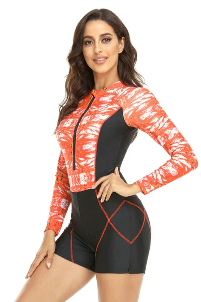 Long Sleeve One Piece Swimsuit with printed pattern and zipper closure - View 8 | TEVQA