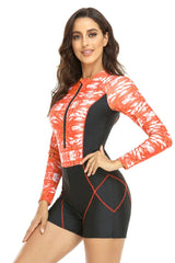 Long Sleeve One Piece Swimsuit with printed pattern and zipper closure - View 8 | TEVQA