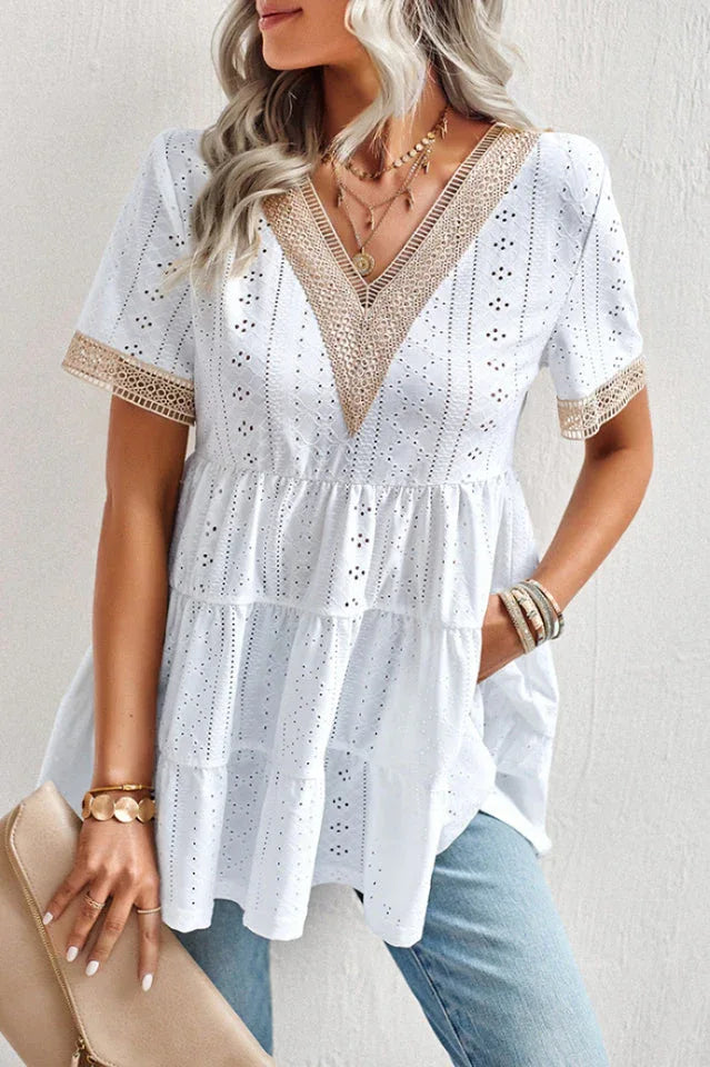 White Eyelet Embroidery V-Neck Blouse - TEVQA