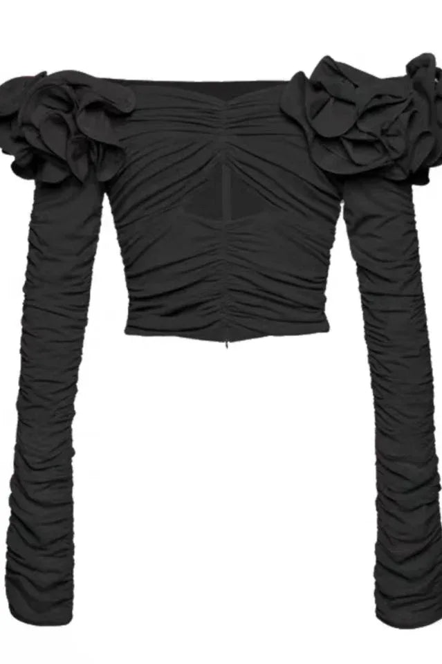 Off-shoulder rose applique fitted top - View 10 | TEVQA