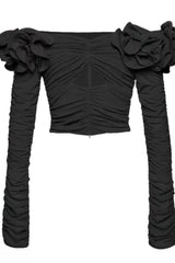 Off-shoulder rose applique fitted top - View 10 | TEVQA