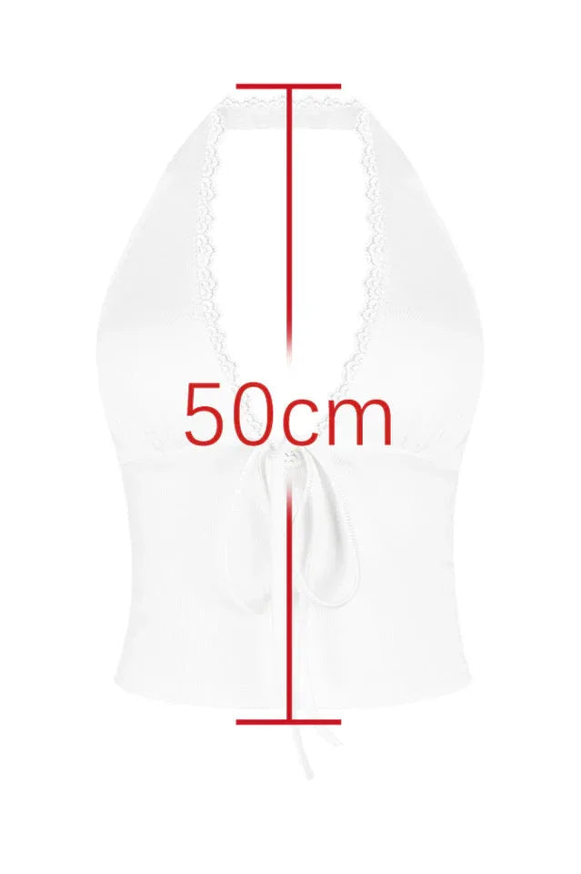 White halter top with lace trim and tie front, with a measurement indicator of 50cm.