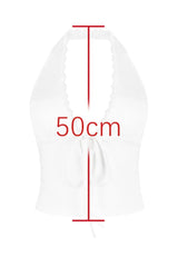 White halter top with lace trim and tie front, with a measurement indicator of 50cm.