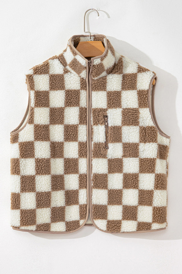 Checkered Sherpa Collared Jacket Vest | Dress In Beauty