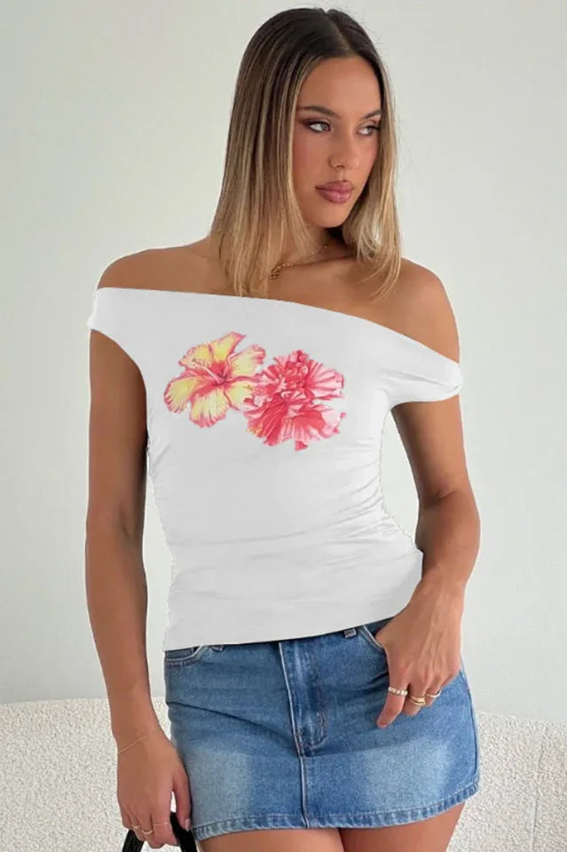 Twist Off Shoulder Graphic Top - TEVQA