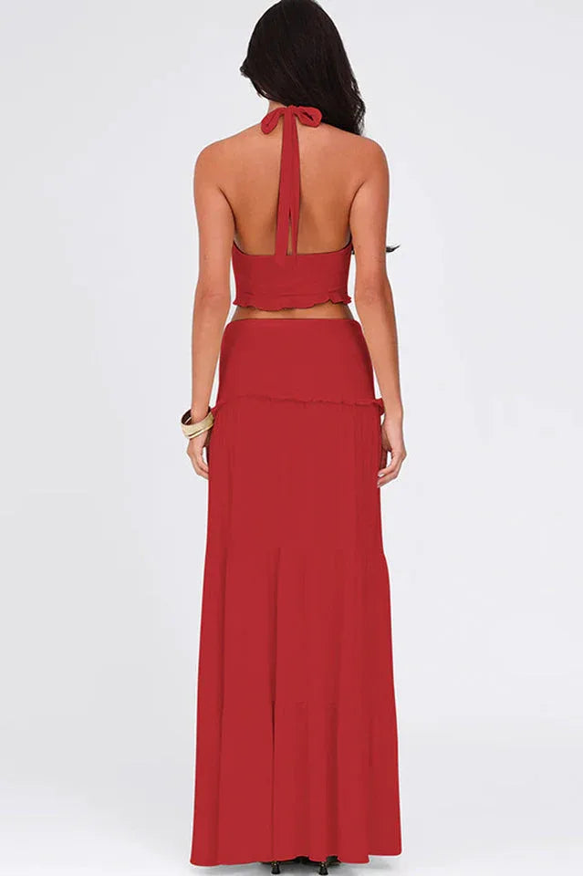 Elegant two-piece maxi skirt set with halter neckline and tiered skirt - View 10 | TEVQA