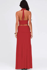 Elegant two-piece maxi skirt set with halter neckline and tiered skirt - View 10 | TEVQA