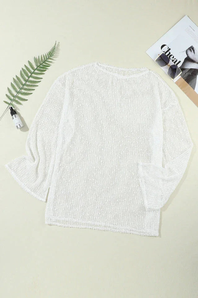 White Textured Knit Side Slit Beach Cover-Up Tunic - TEVQA