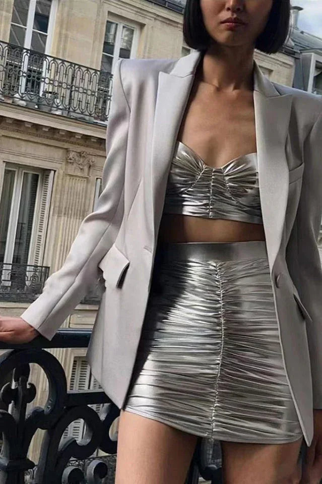 Metallic Ruched Two-Piece Set - View 10 | TEVQA