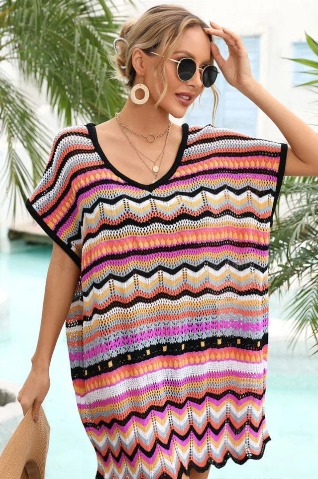 Crochet V-Neck Beach Cover-Up Dress in Green - View 8 | TEVQA