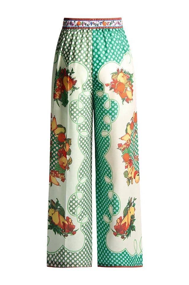 Fruit print satin shirt and wide leg pants set - View 7 | TEVQA