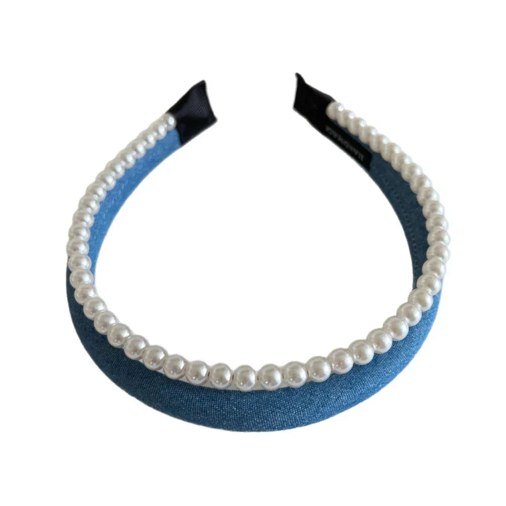 Blue denim headband with pearl trim
