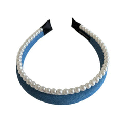 Blue denim headband with pearl trim