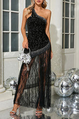 One Shoulder Shiny Sequin Lace Dress - TEVQA