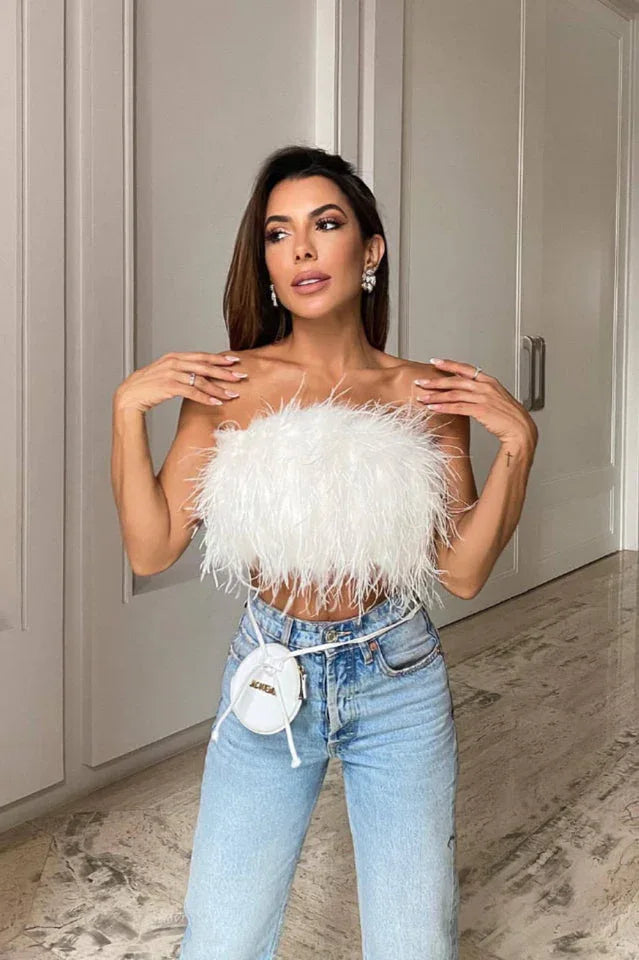 Strapless feather crop top - View 7 | TEVQA