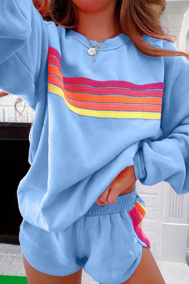 Pink Wave of Hope Retro Rainbow Sweatshirt & Shorts Lounge Set - View 11 | TEVQA