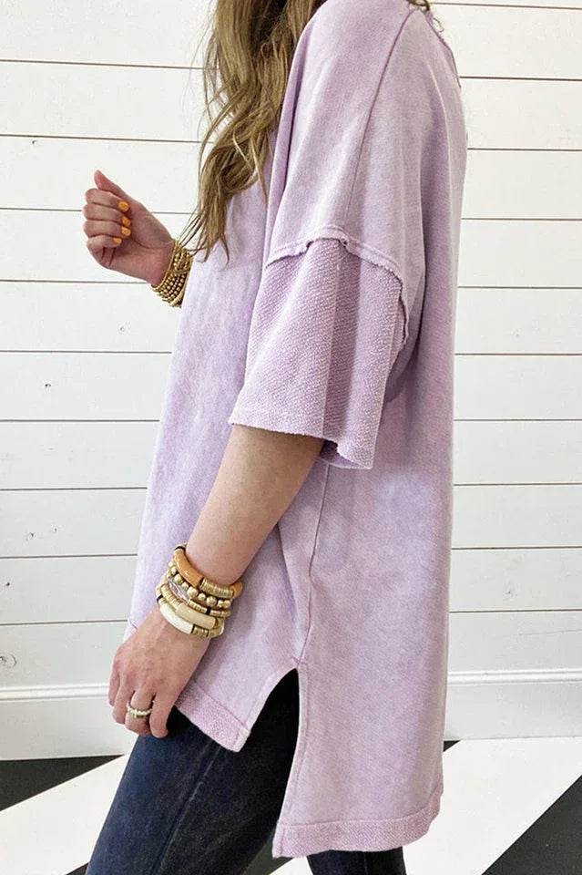 Grey mineral wash drop shoulder t-shirt with waffle knit v-neck detail - View 6 | TEVQA