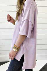 Grey mineral wash drop shoulder t-shirt with waffle knit v-neck detail - View 6 | TEVQA