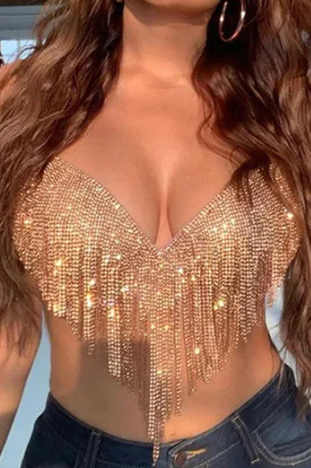 Sparkling Crystal Chainmail Crop Top - Backless Rhinestone Metal Mesh Cami - TEVQA